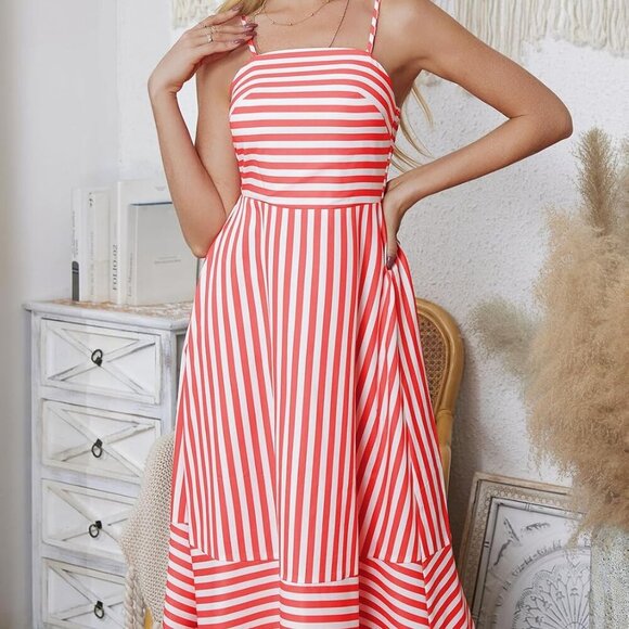 Striped Sleeveless Midi Dress for Women Spaghetti Strap Backless Beach Summer - Picture 5 of 6